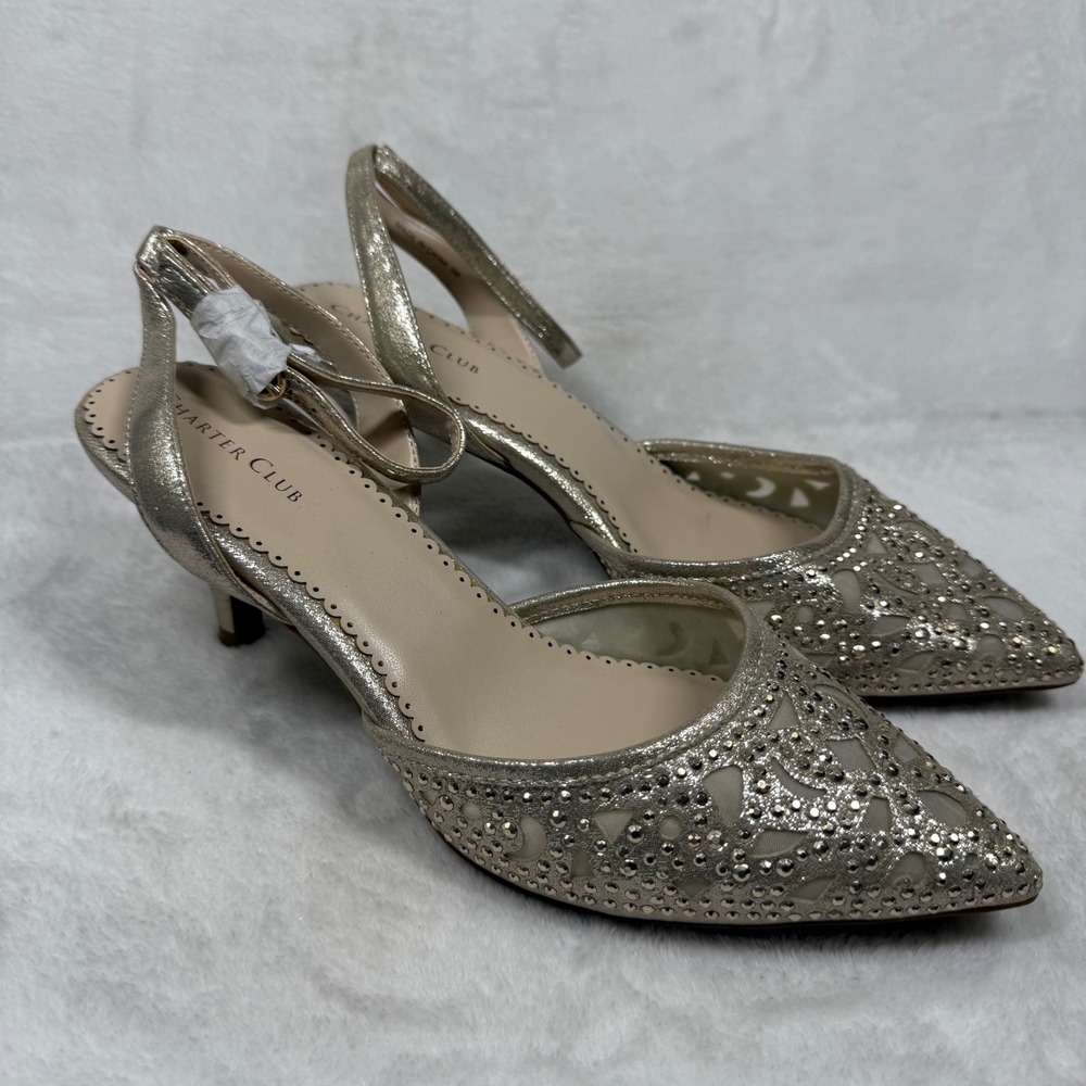 Charter Club Womens Champagne Gold Rhinestone Slingback Kitten Heels Size 8M